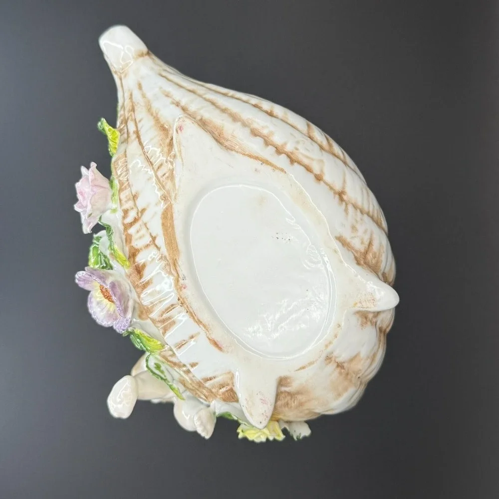 Vintage Cherub Angel Shell Porcelain Trinket Pink Flower Dish‎ Shabby Chic
